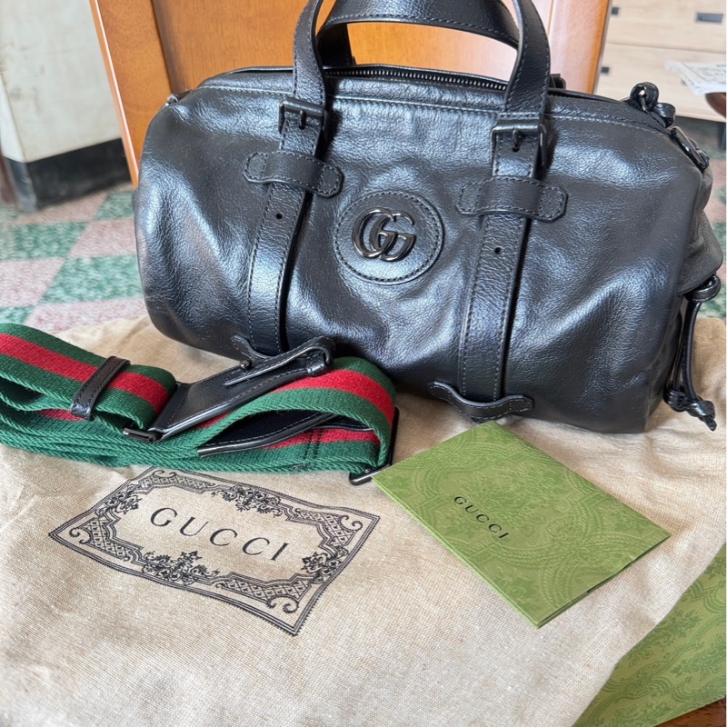 Gucci黑色皺紋皮革小號旅行袋（型號：725701）-12