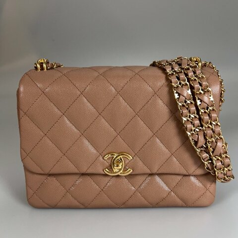 CHANEL CF奶茶荔枝側肩包 AS3633/晶片款