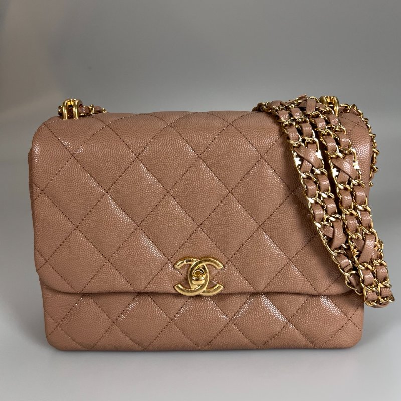 CHANEL CF奶茶荔枝側肩包 AS3633/晶片款-0