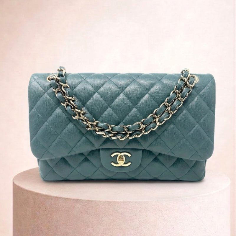 香奈兒 Chanel Jumbo Classic Flap CF 淡綠色 菱格紋 魚子醬皮 Caviar 雙蓋 雙蓋頭 口蓋包 翻蓋包 鏈條包 肩背包 斜背包 淡金扣-0