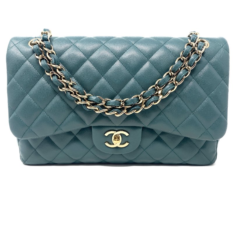 香奈兒 Chanel Jumbo Classic Flap CF 淡綠色 菱格紋 魚子醬皮 Caviar 雙蓋 雙蓋頭 口蓋包 翻蓋包 鏈條包 肩背包 斜背包 淡金扣-1
