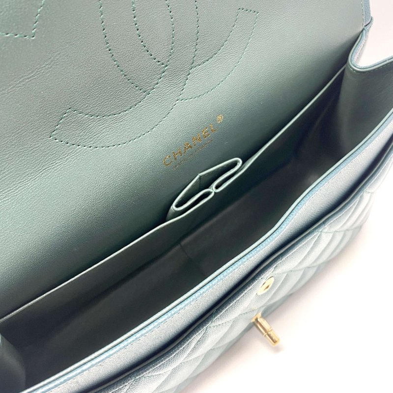 香奈兒 Chanel Jumbo Classic Flap CF 淡綠色 菱格紋 魚子醬皮 Caviar 雙蓋 雙蓋頭 口蓋包 翻蓋包 鏈條包 肩背包 斜背包 淡金扣-4