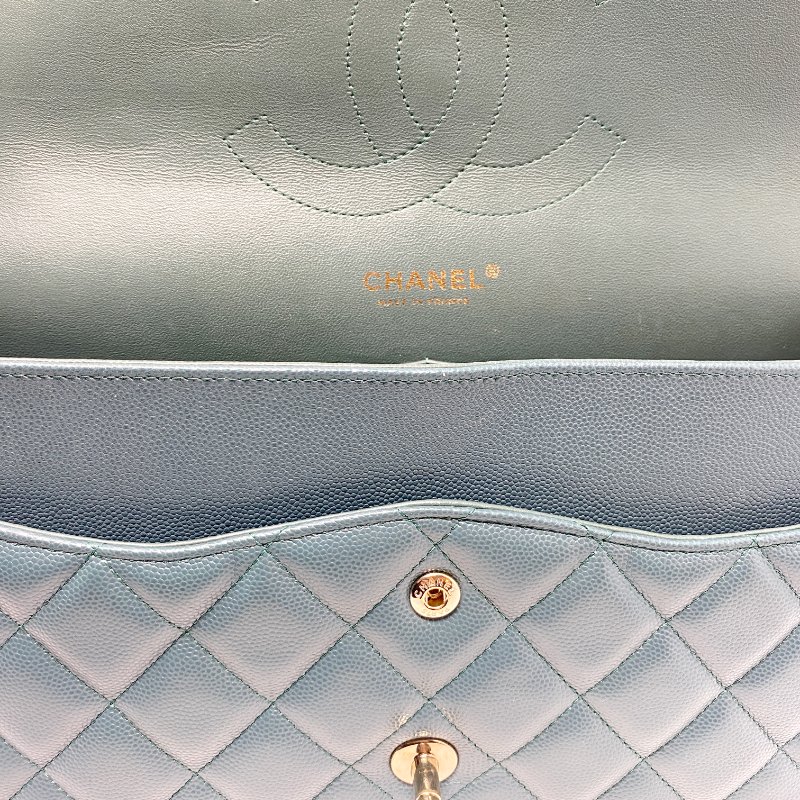香奈兒 Chanel Jumbo Classic Flap CF 淡綠色 菱格紋 魚子醬皮 Caviar 雙蓋 雙蓋頭 口蓋包 翻蓋包 鏈條包 肩背包 斜背包 淡金扣-6