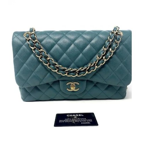 香奈兒 Chanel Jumbo Classic Flap CF 淡綠色 菱格紋 魚子醬皮 Caviar 雙蓋 雙蓋頭 口蓋包 翻蓋包 鏈條包 肩背包 斜背包 淡金扣-9
