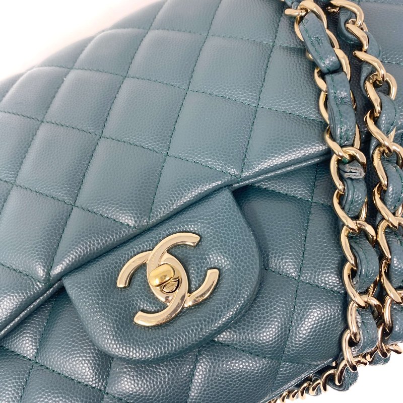 香奈兒 Chanel Jumbo Classic Flap CF 淡綠色 菱格紋 魚子醬皮 Caviar 雙蓋 雙蓋頭 口蓋包 翻蓋包 鏈條包 肩背包 斜背包 淡金扣-11