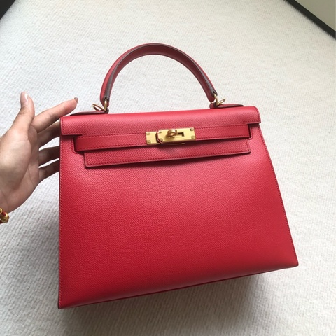 Hermes愛馬仕Kelly28紅色epsom皮金扣O刻