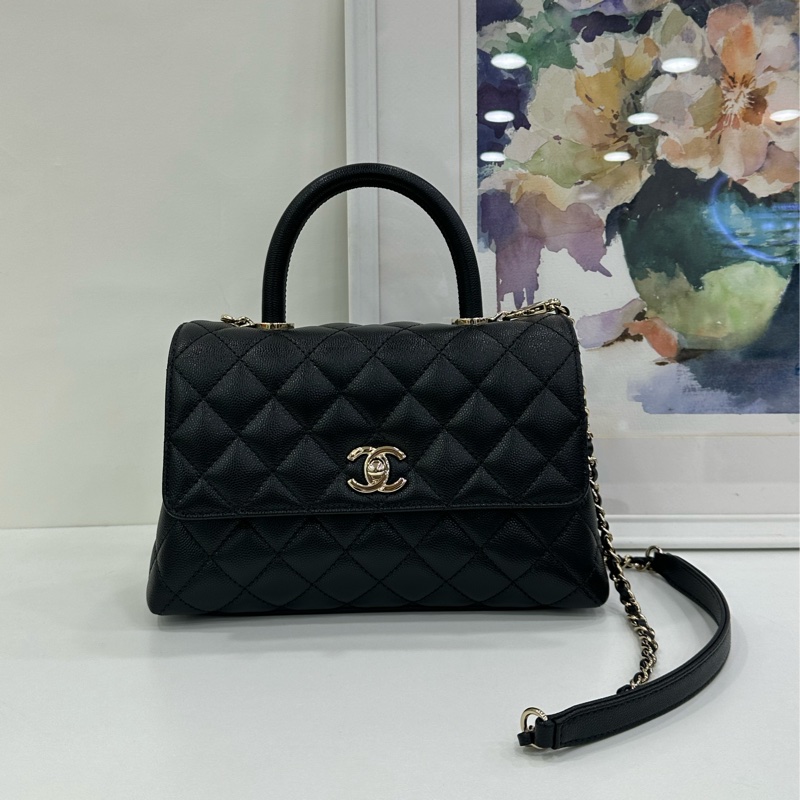 Chanel香奈兒Coco handle小號黑金荔枝皮晶片款 21年晶片 閒置未使用-1