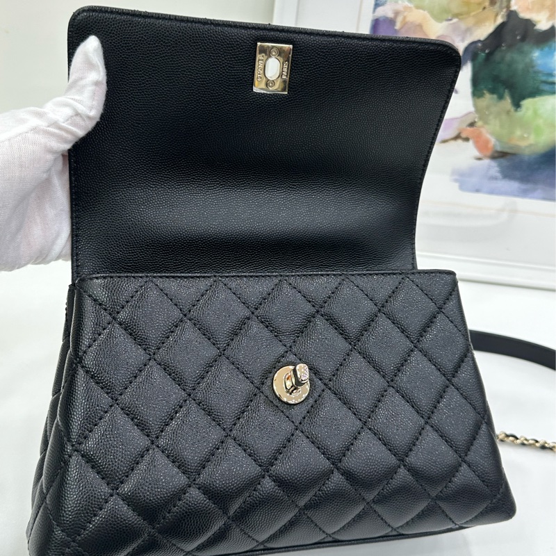 Chanel香奈兒Coco handle小號黑金荔枝皮晶片款 21年晶片 閒置未使用-6