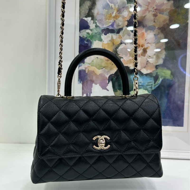 Chanel香奈兒Coco handle小號黑金荔枝皮晶片款 21年晶片 閒置未使用-7