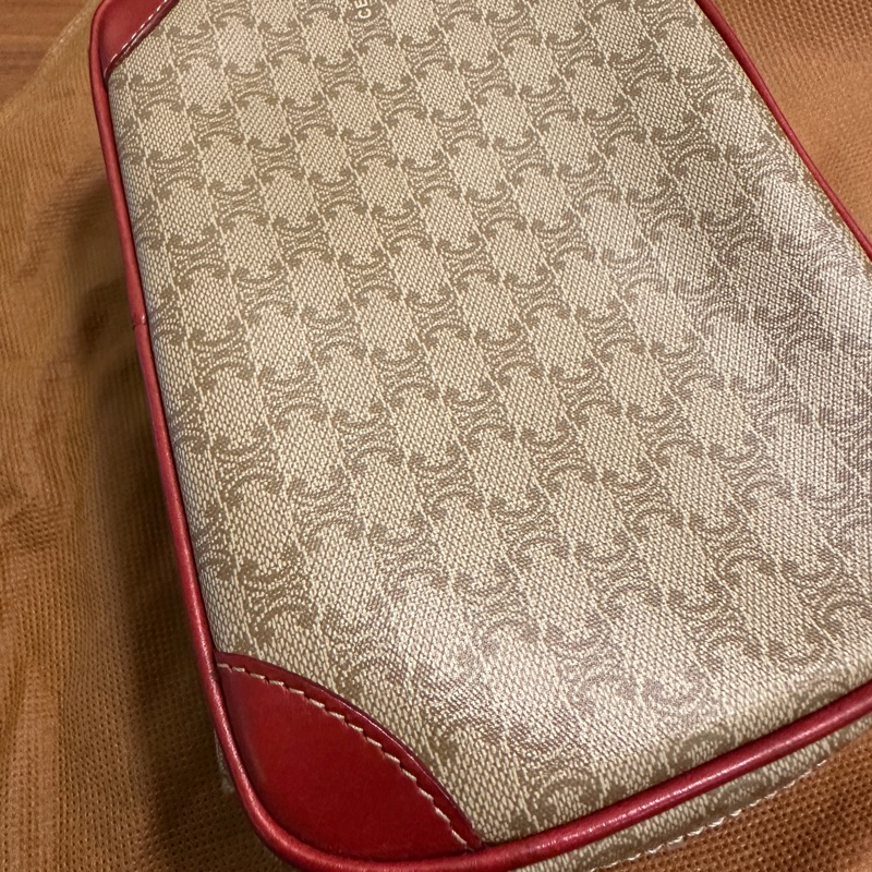 CELINE 老花 Triomphe 凱旋門 手提化妝包 紅邊 復古 Vintage 小包-3