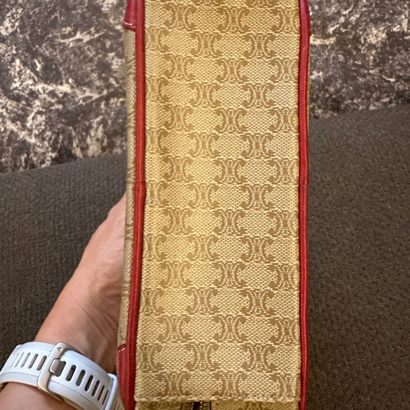 CELINE 老花 Triomphe 凱旋門 手提化妝包 紅邊 復古 Vintage 小包-7