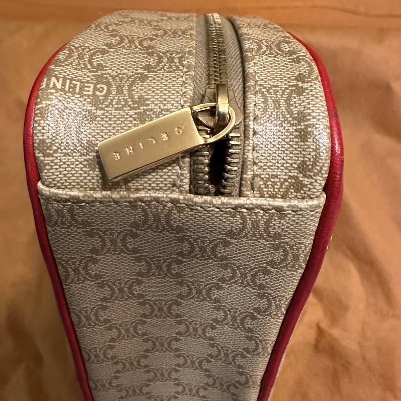 CELINE 老花 Triomphe 凱旋門 手提化妝包 紅邊 復古 Vintage 小包-10