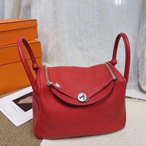 Hermes 愛馬仕 Lindy30紅色TC皮銀扣手提包單肩包 底長30