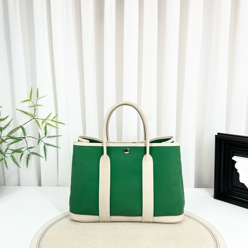 HERMES/愛馬仕 97新 帆布拼皮竹子綠拼奶昔白 花園30-0