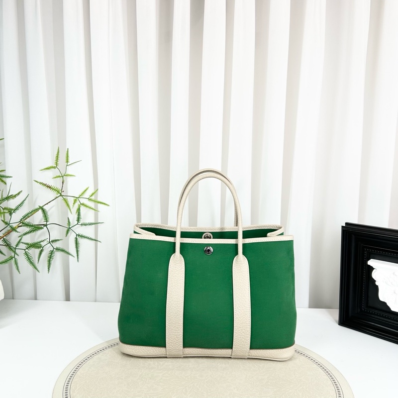 HERMES/愛馬仕 97新 帆布拼皮竹子綠拼奶昔白 花園30-1