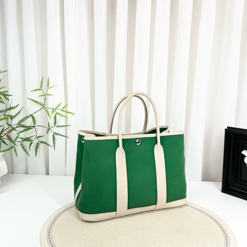 HERMES/愛馬仕 97新 帆布拼皮竹子綠拼奶昔白 花園30-2