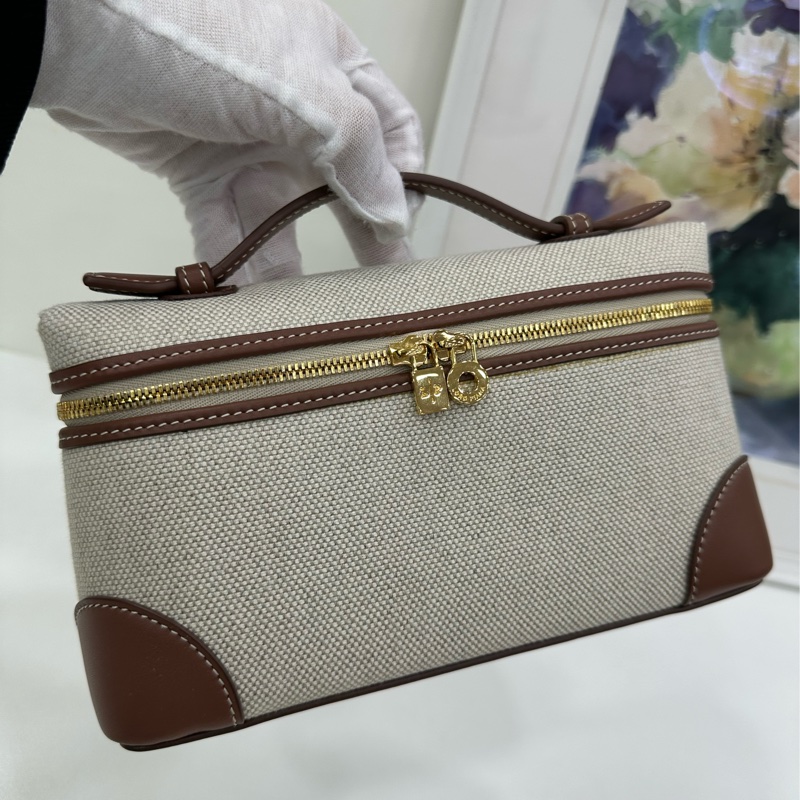 Loro Piana帆布拼皮焦糖 Extra Pocket L19飯盒包， 金扣，全新-5