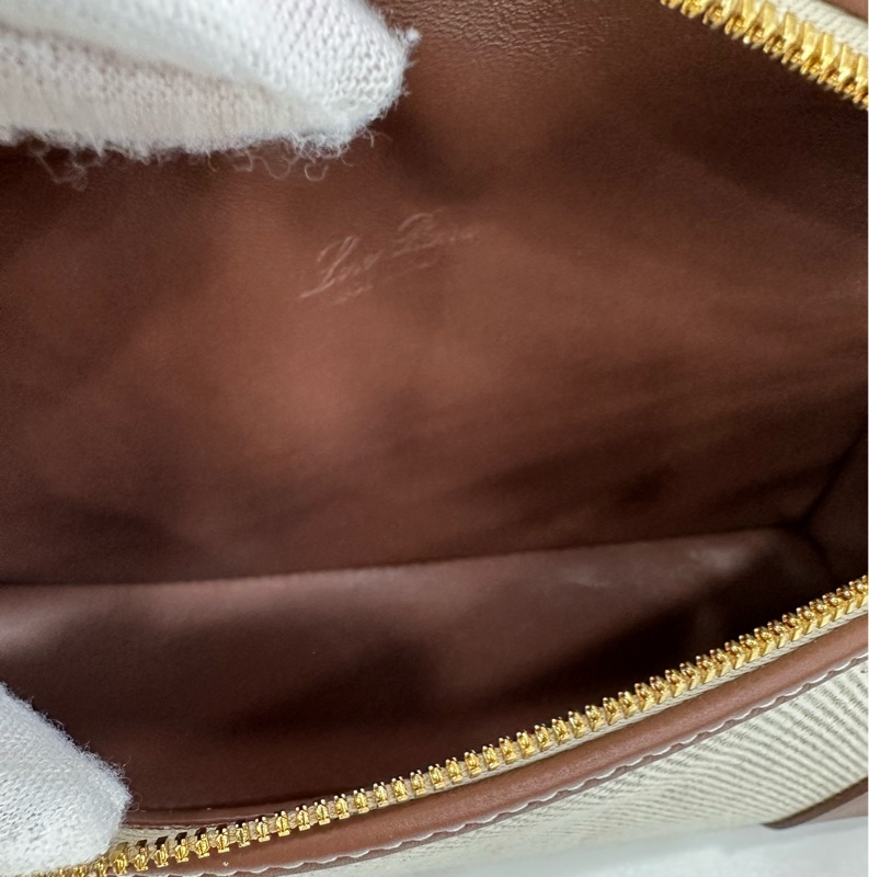 Loro Piana帆布拼皮焦糖 Extra Pocket L19飯盒包， 金扣，全新-7