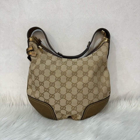 Gucci 162895 老花PVC古銅金牛皮牛角包 肩背包