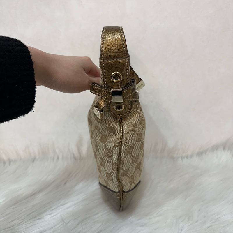 Gucci 162895 老花PVC古銅金牛皮牛角包 肩背包-3