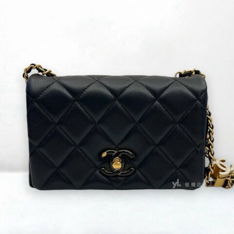 S5347-CHANEL 黑羊皮雙C琺瑯釦口蓋包AS4973