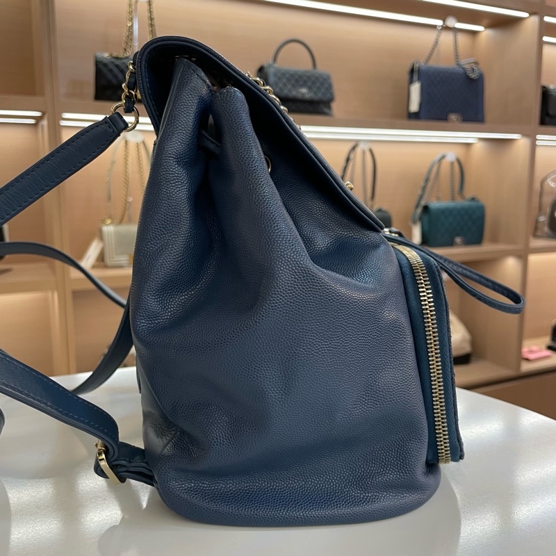 香奈儿/Chanel 藍色荔枝纹双肩包 藍金配色 菱格紋-1