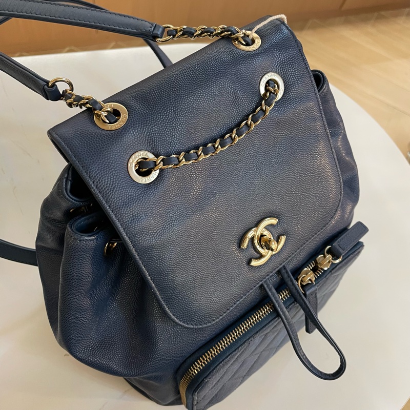 香奈儿/Chanel 藍色荔枝纹双肩包 藍金配色 菱格紋-3