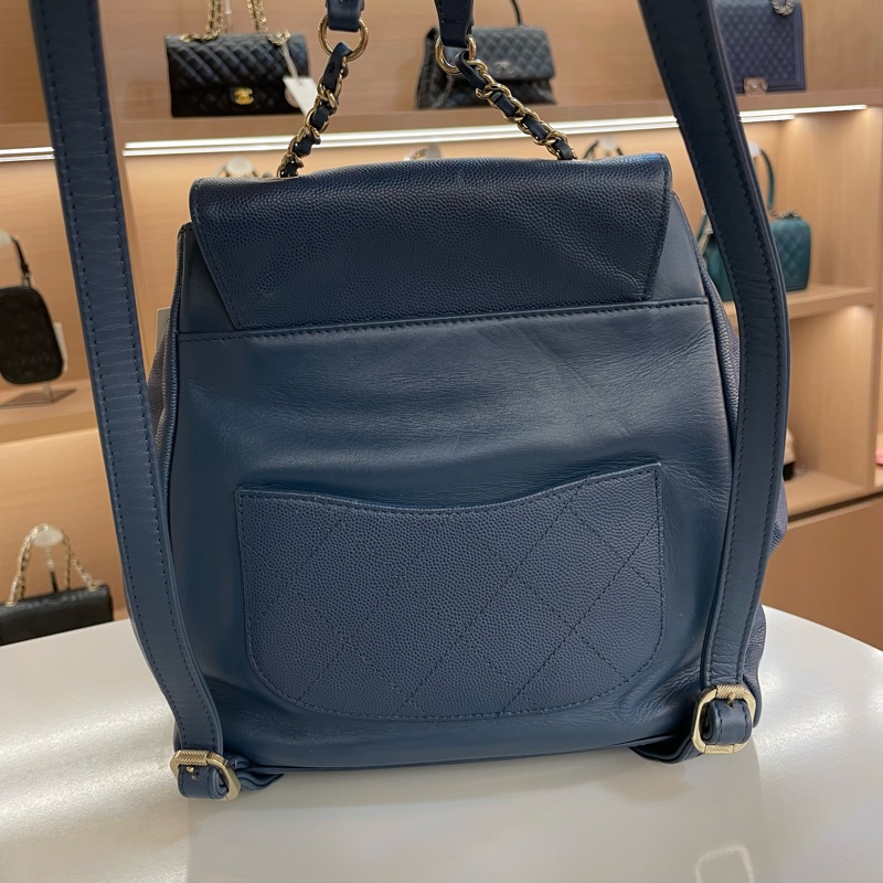 香奈儿/Chanel 藍色荔枝纹双肩包 藍金配色 菱格紋-6