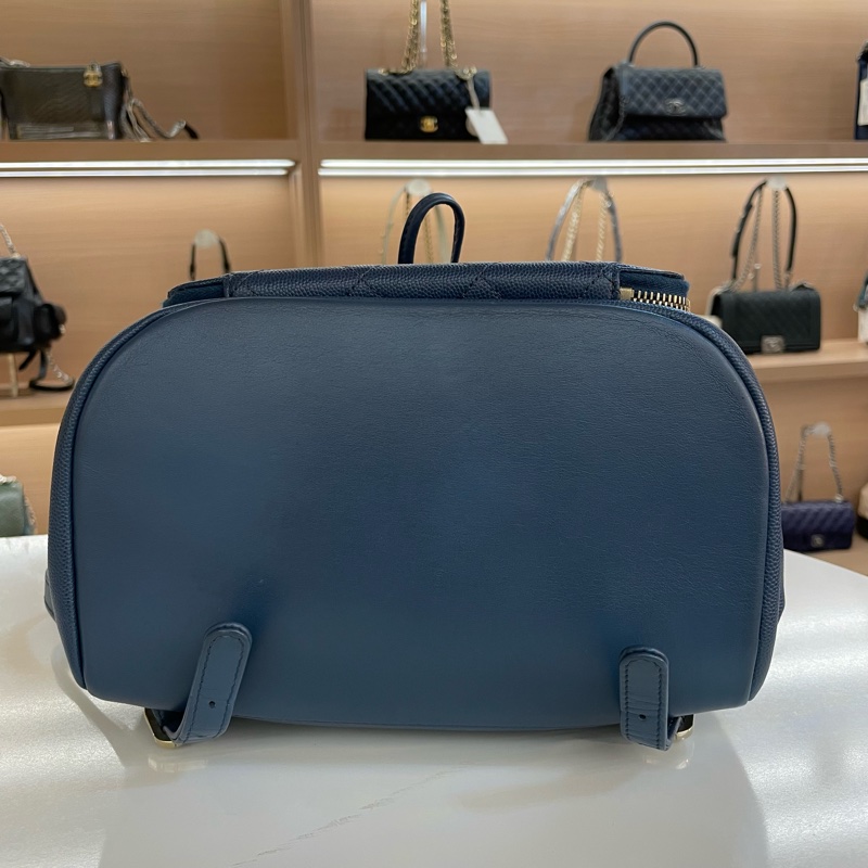 香奈儿/Chanel 藍色荔枝纹双肩包 藍金配色 菱格紋-7