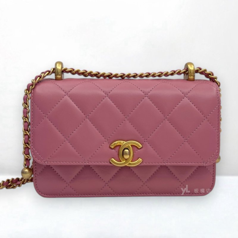 S5352-CHANEL 24C粉色牛皮金釦雙金球下蓋包/AS2649-0