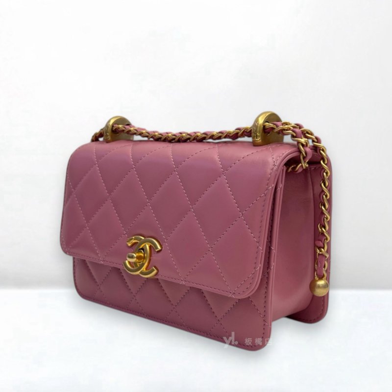 S5352-CHANEL 24C粉色牛皮金釦雙金球下蓋包/AS2649-2