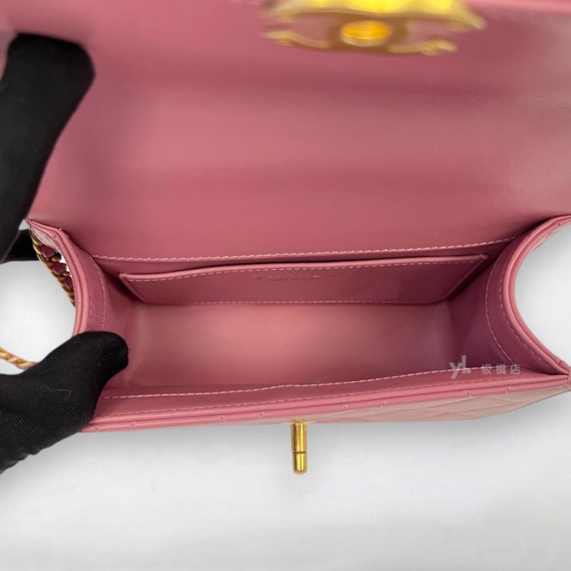 S5352-CHANEL 24C粉色牛皮金釦雙金球下蓋包/AS2649-5