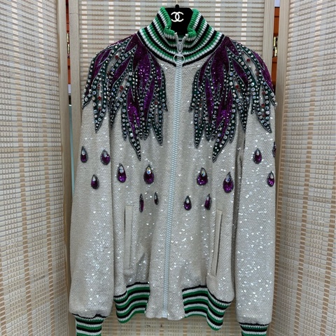 Gucci 古馳 秀款重工米色滿身刺繡亮釘珠滿鑽棒球服外套 M碼