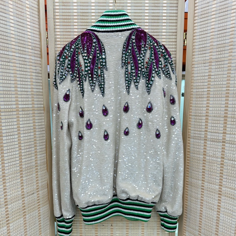 Gucci 古馳 秀款重工米色滿身刺繡亮釘珠滿鑽棒球服外套 M碼-1
