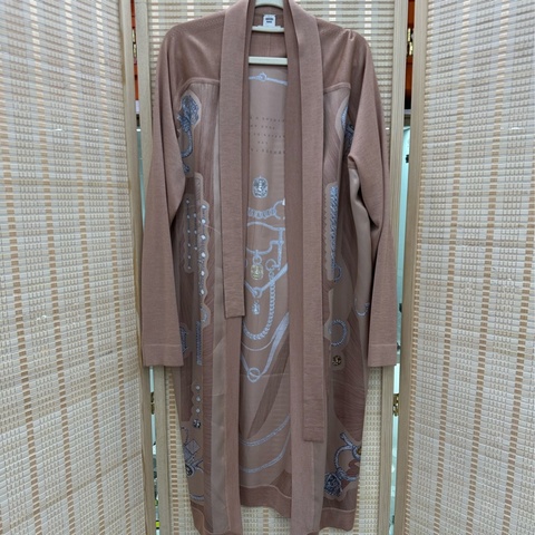 Hermes 愛馬仕粉紅棕色羊絨真絲長款開襟衫 34碼