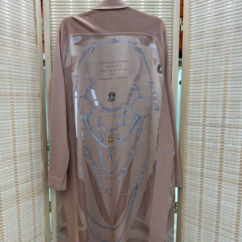 Hermes 愛馬仕粉紅棕色羊絨真絲長款開襟衫 34碼-1