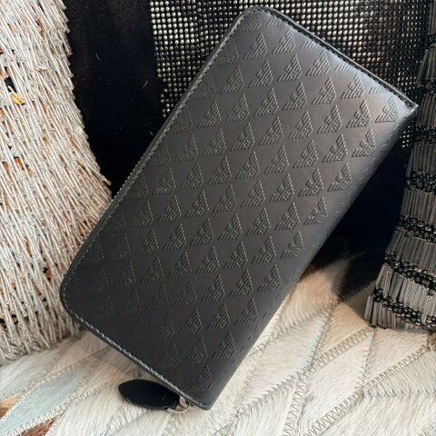 ARMANI 標誌LOGO 防刮拉鍊長夾/黑