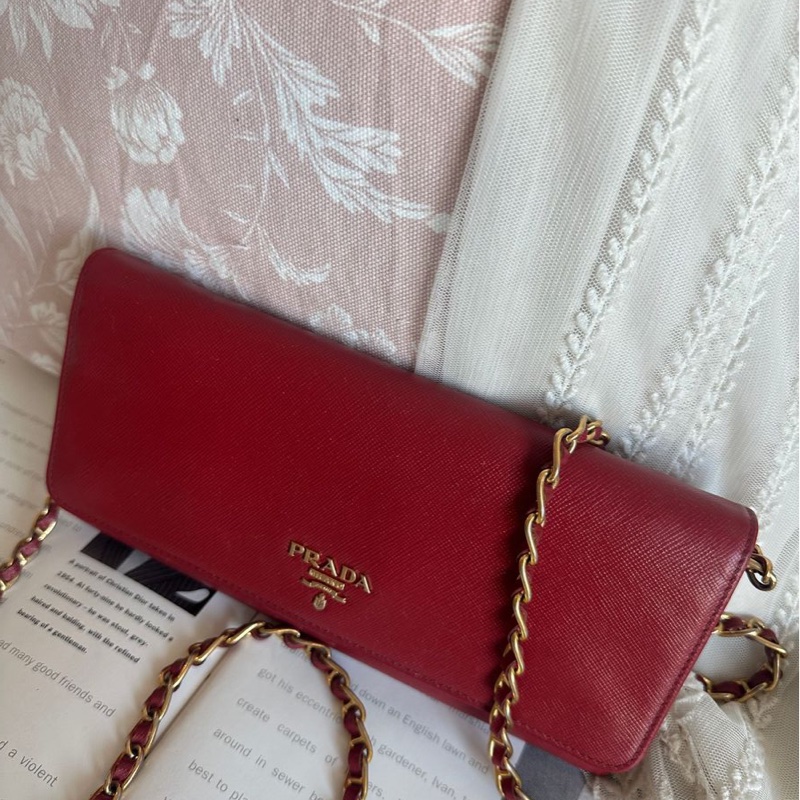 普拉達 斜挎鏈條包 Prada wallet on chain 紅色十字紋長夾 斜挎包長銀包 Woc 原裝鏈條-1