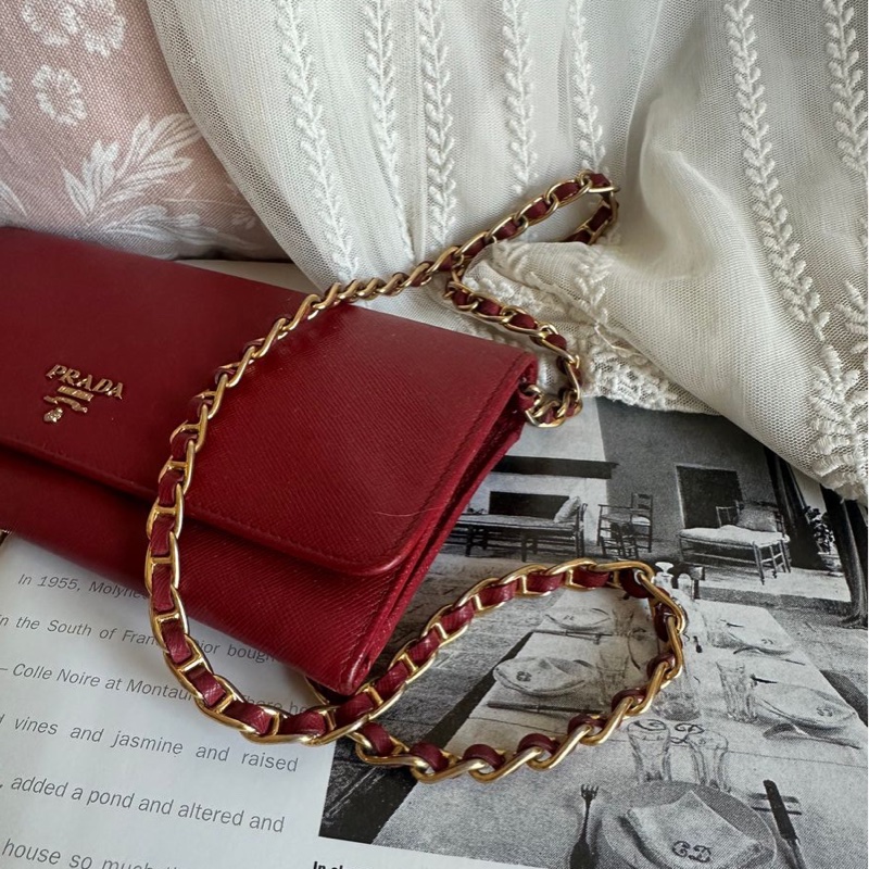 普拉達 斜挎鏈條包 Prada wallet on chain 紅色十字紋長夾 斜挎包長銀包 Woc 原裝鏈條-2