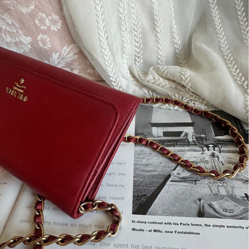 普拉達 斜挎鏈條包 Prada wallet on chain 紅色十字紋長夾 斜挎包長銀包 Woc 原裝鏈條-3