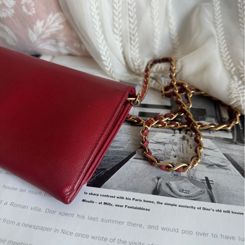 普拉達 斜挎鏈條包 Prada wallet on chain 紅色十字紋長夾 斜挎包長銀包 Woc 原裝鏈條-8