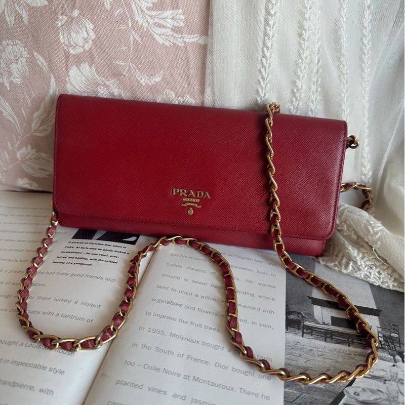 普拉達 斜挎鏈條包 Prada wallet on chain 紅色十字紋長夾 斜挎包長銀包 Woc 原裝鏈條-10