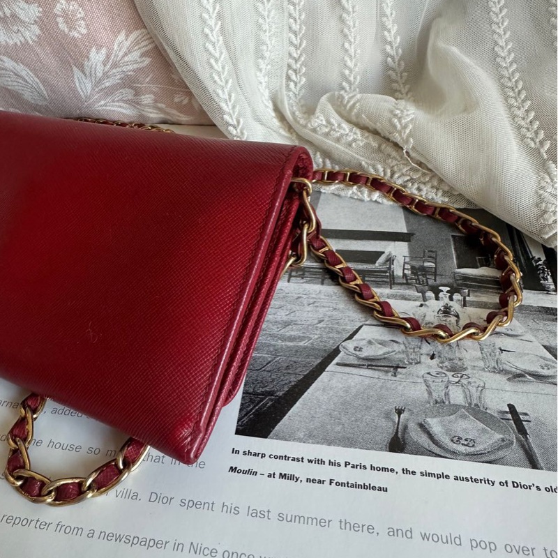 普拉達 斜挎鏈條包 Prada wallet on chain 紅色十字紋長夾 斜挎包長銀包 Woc 原裝鏈條-14