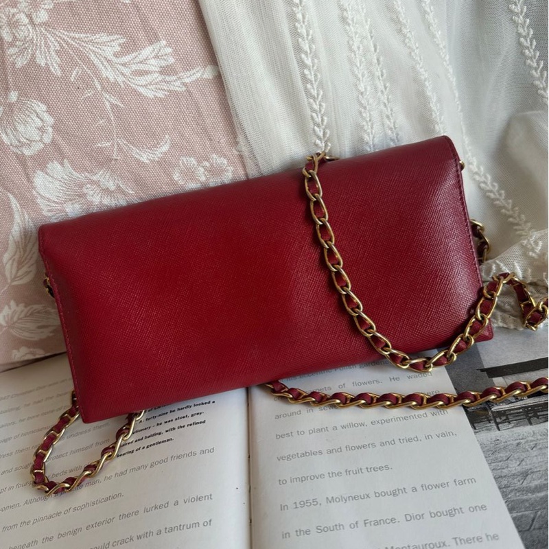 普拉達 斜挎鏈條包 Prada wallet on chain 紅色十字紋長夾 斜挎包長銀包 Woc 原裝鏈條-15