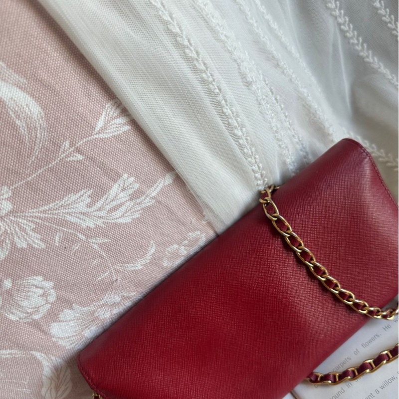 普拉達 斜挎鏈條包 Prada wallet on chain 紅色十字紋長夾 斜挎包長銀包 Woc 原裝鏈條-16