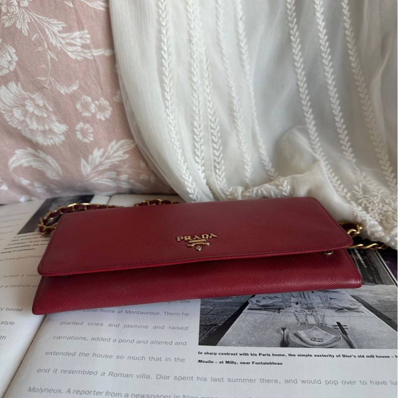 普拉達 斜挎鏈條包 Prada wallet on chain 紅色十字紋長夾 斜挎包長銀包 Woc 原裝鏈條-20