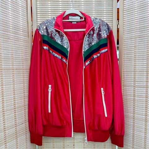 Gucci古馳紅色亮片拉鍊外套 寬鬆版 M碼