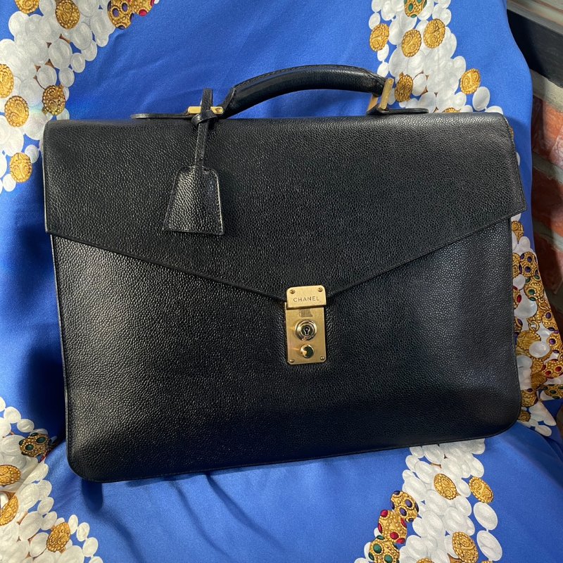 vintage CHANEL 古董香奈兒 黑色真皮魚子醬壓紋公事包 手提包 大容量-5