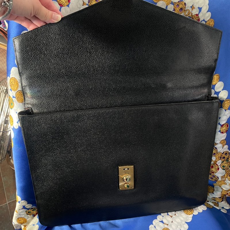 vintage CHANEL 古董香奈兒 黑色真皮魚子醬壓紋公事包 手提包 大容量-8