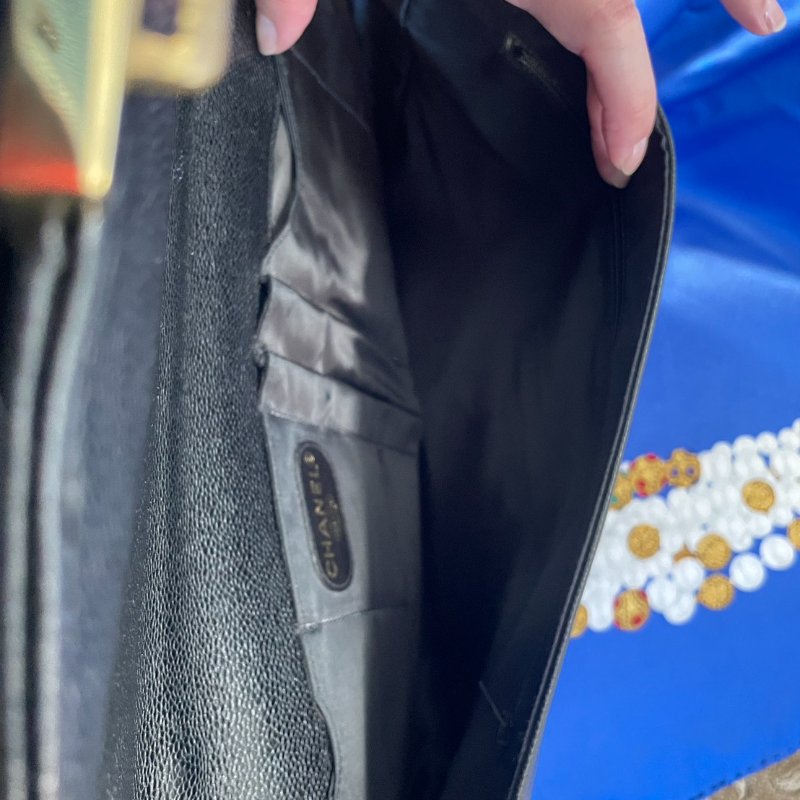 vintage CHANEL 古董香奈兒 黑色真皮魚子醬壓紋公事包 手提包 大容量-9